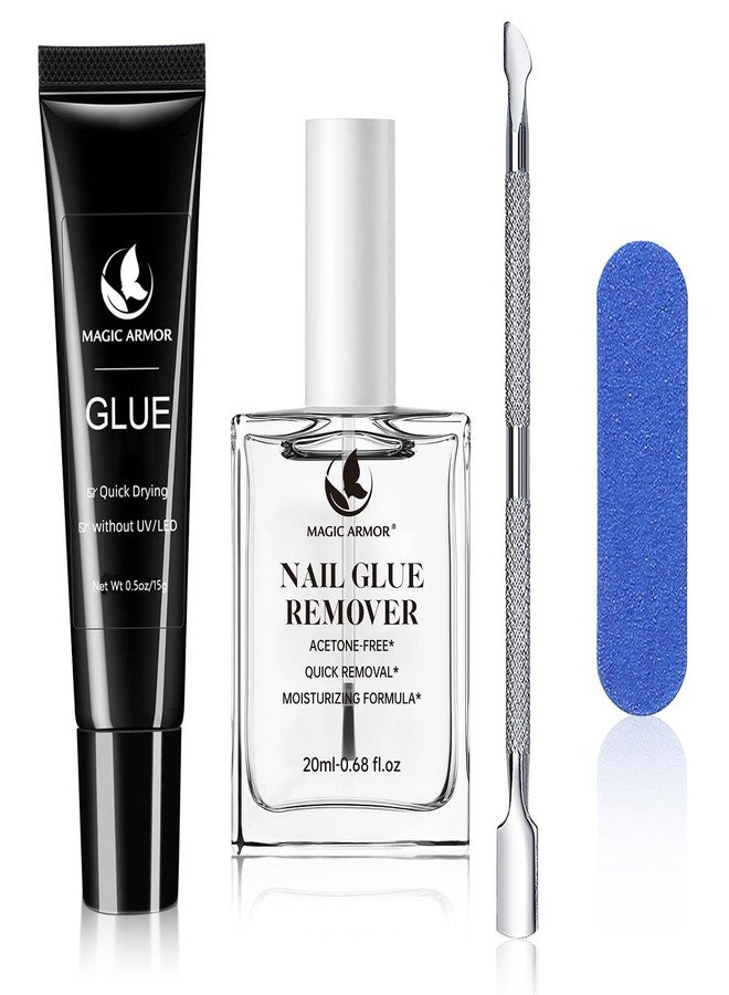MAGIC ARMOR Press On Nail Glue & Remover Set – No UV Needed, Quick Dry Strong Adhesive & Non-Acetone Debonder, Long Lasting Semi Solid Glue & Gentle Remover for Fake Acrylic Nails - Image 1